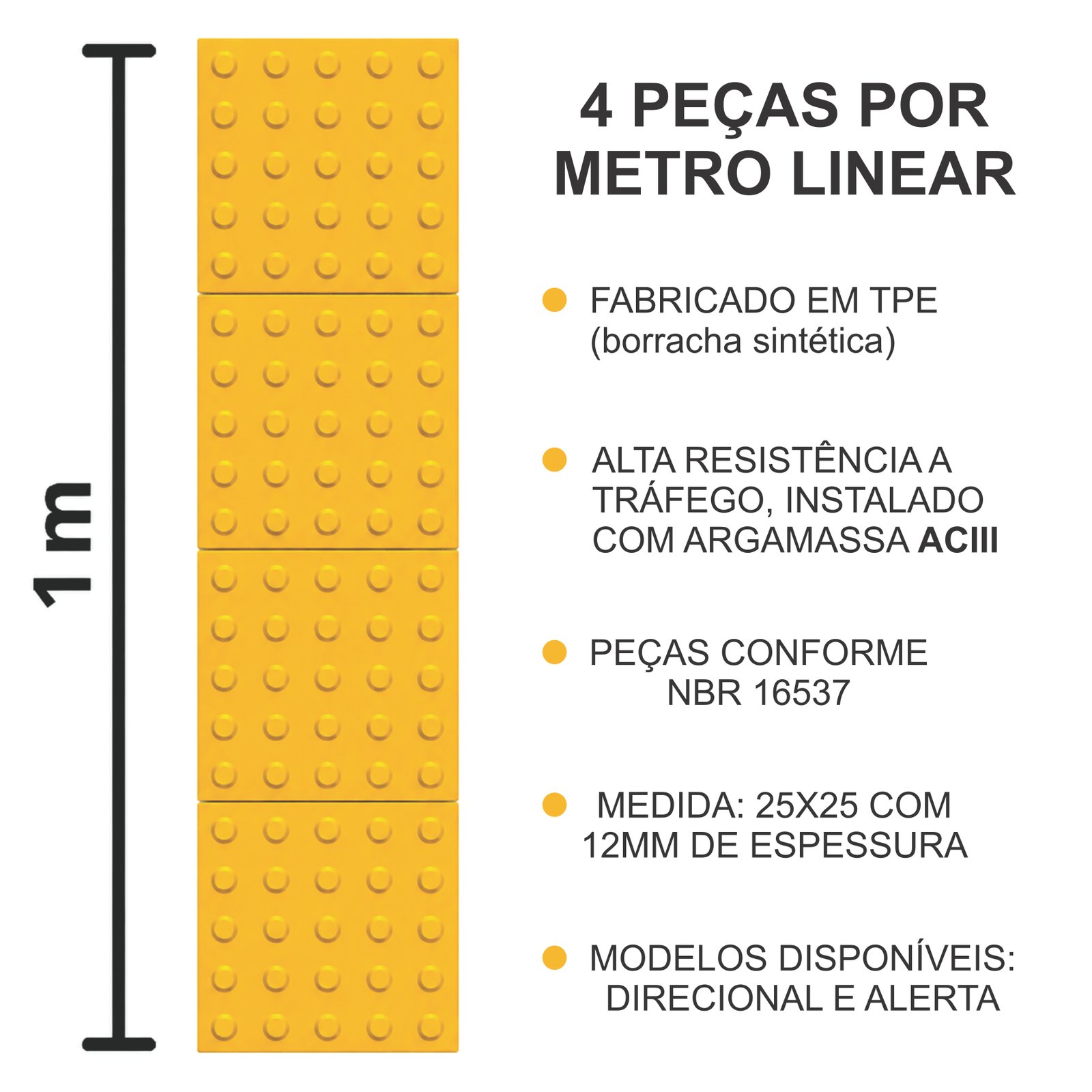 Miniatura 2 de Piso Tátil Alerta Argamassado Amarelo 250x250x12 TPE