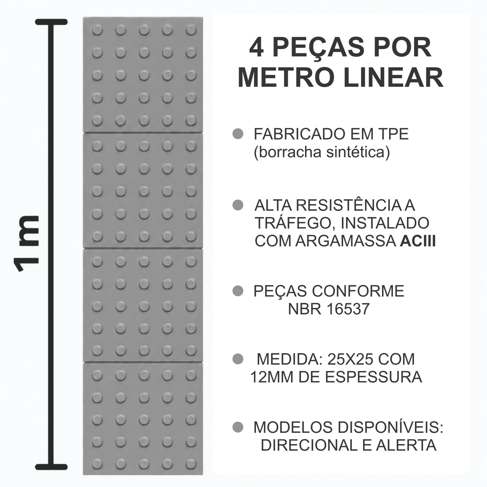 Miniatura 2 de Piso Tátil Alerta Argamassado Cinza 250x250x12 TPE
