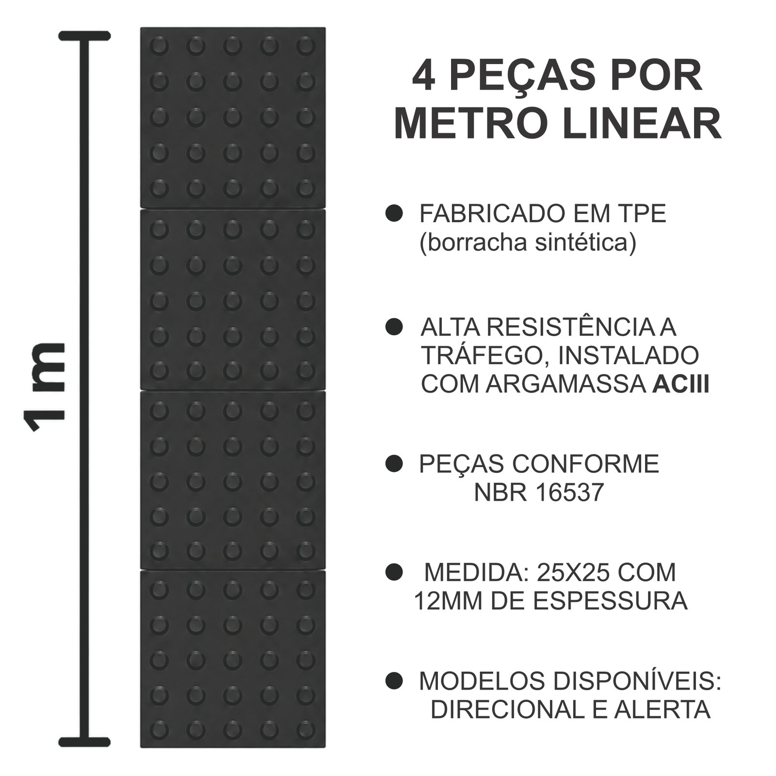 Miniatura 2 de Piso Tátil Alerta Argamassado Preto 250x250x12 TPE