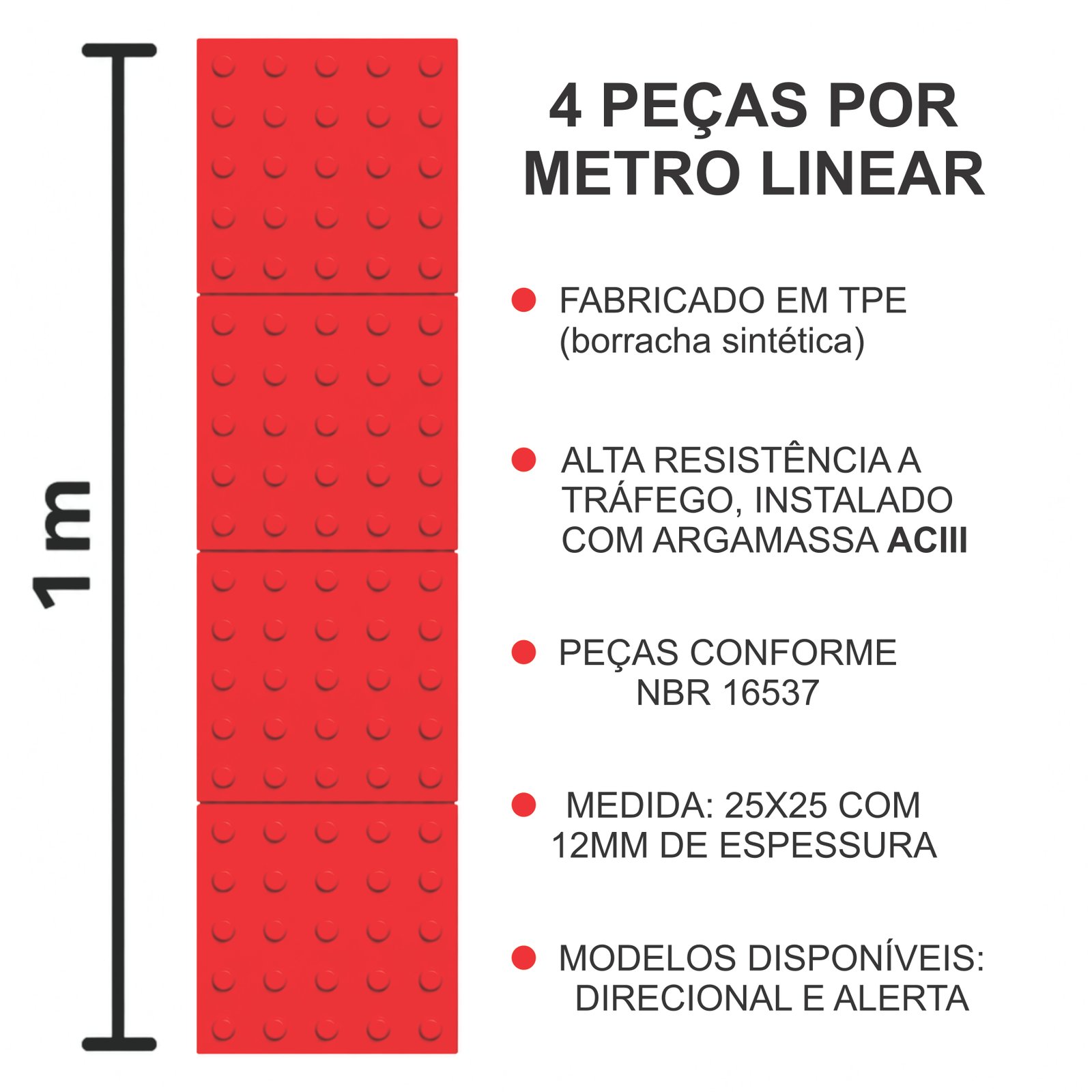 Miniatura 2 de Piso Tátil Alerta Argamassado Vermelho 250x250x12 TPE