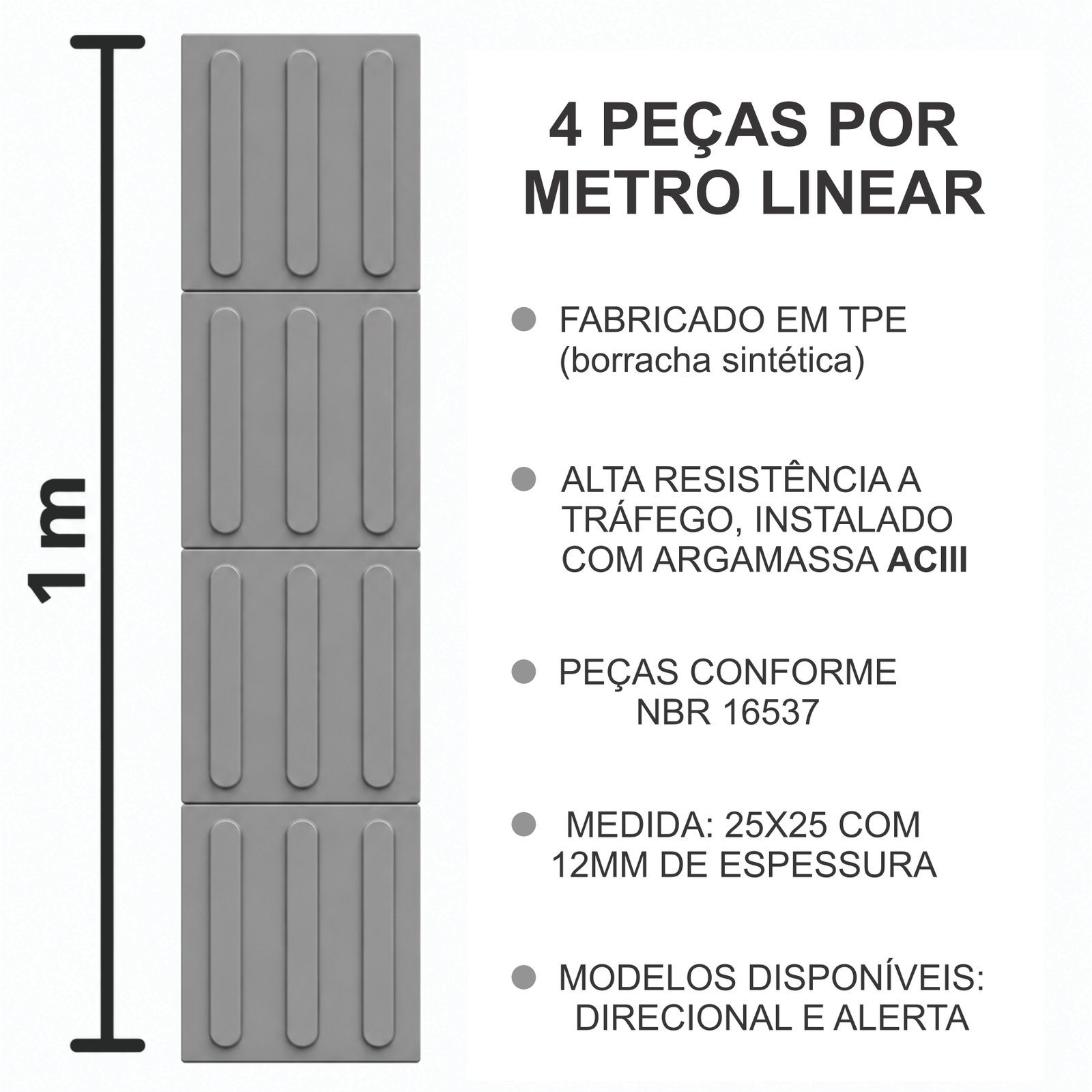 Miniatura 2 de Piso Tátil Direcional Argamassado Cinza 250x250x12 TPE