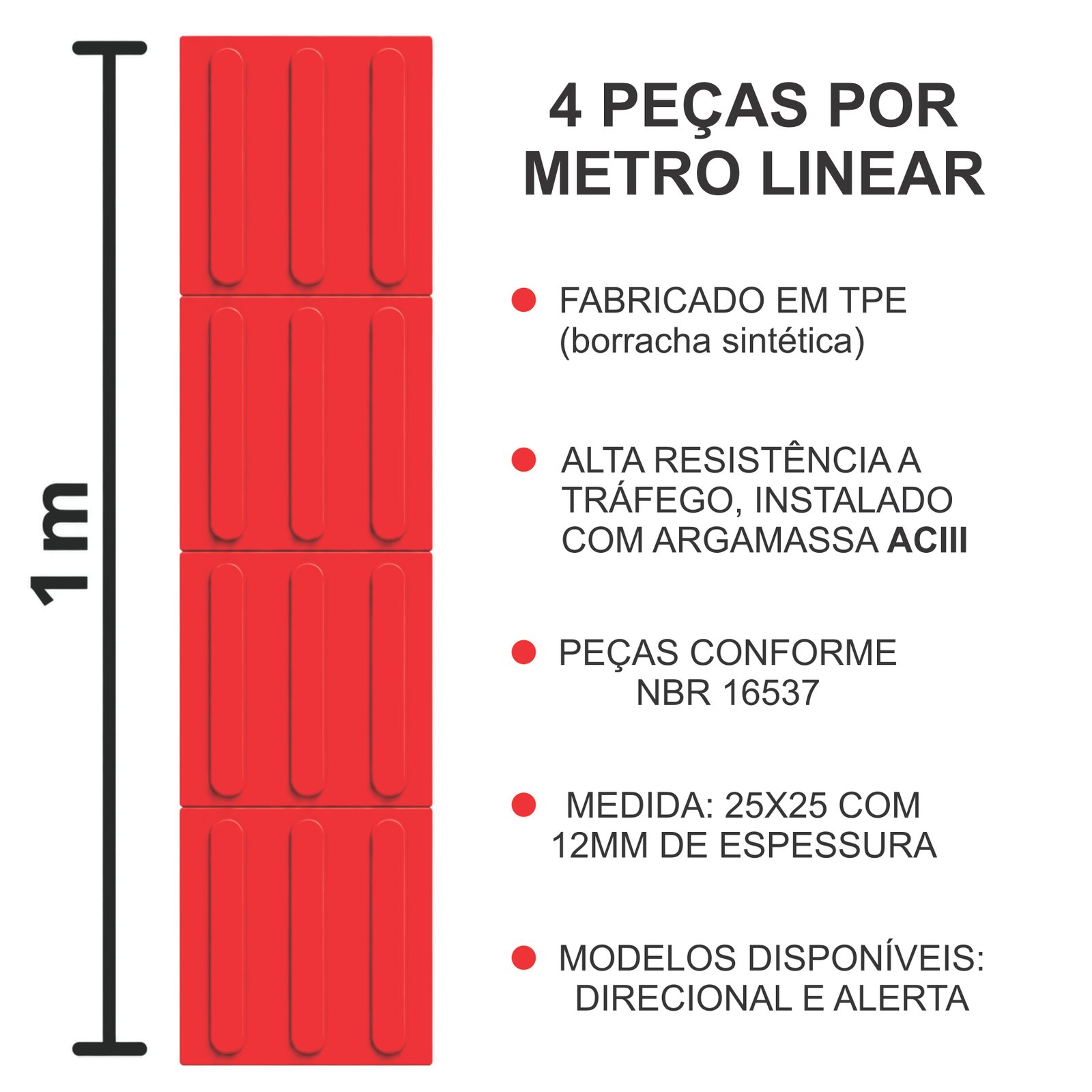 Miniatura 2 de Piso Tátil Direcional Argamassado Vermelho 250x250x12 TPE