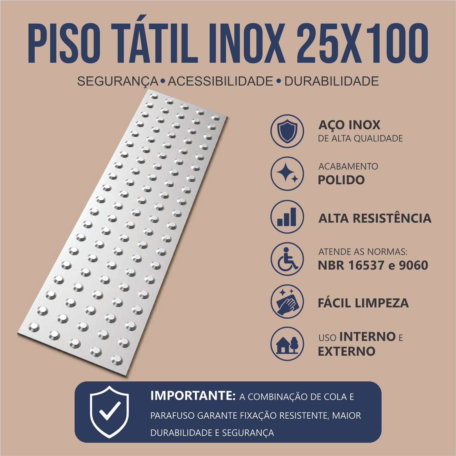 Miniatura 2 de Piso Tátil Alerta Inox Em Placa 25x100 Cm 