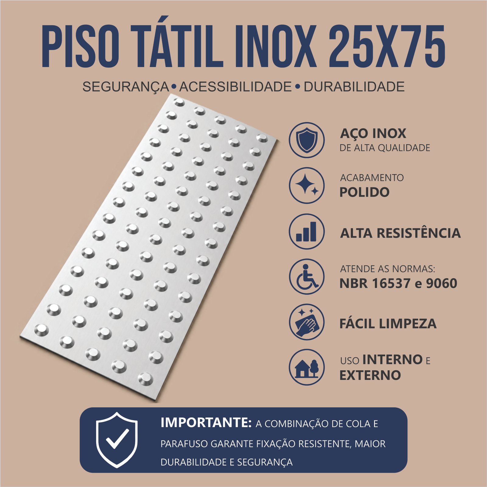 Miniatura 2 de Piso Tátil Alerta Inox Em Placa 25x75 Cm 
