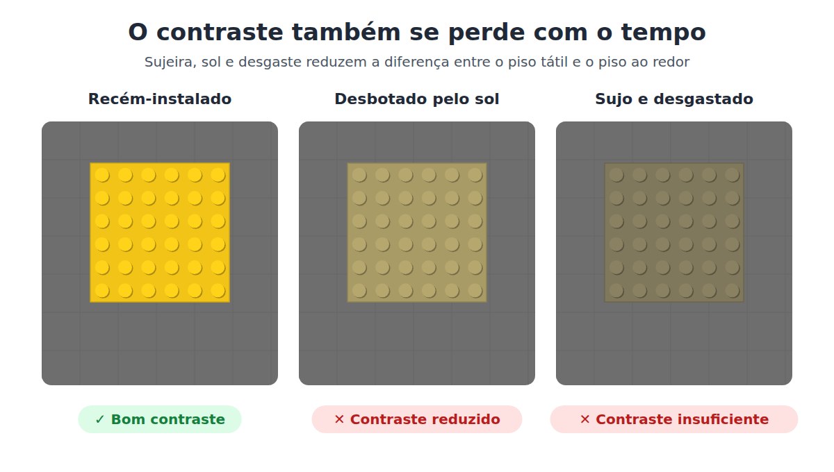 Ilustração: piso tátil amarelo recém-instalado, desbotado pelo sol e sujo, mostrando a perda de contraste com o tempo