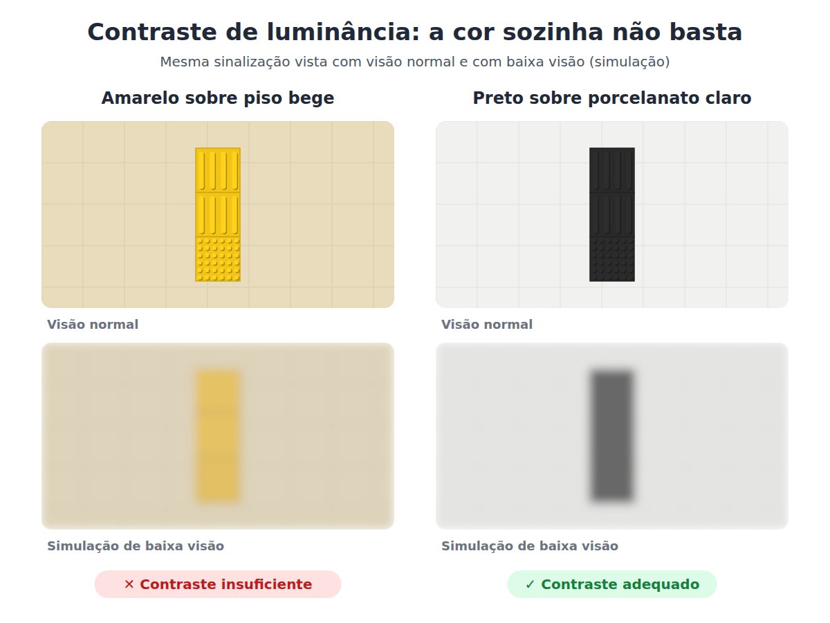 Ilustração: comparação entre piso tátil amarelo sobre piso bege e piso tátil preto sobre porcelanato claro, com visão normal e simulação de baixa visão