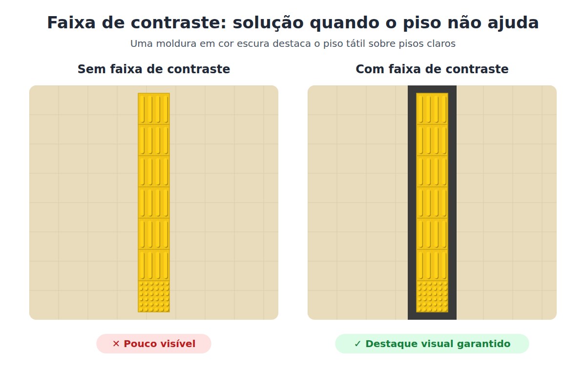 Ilustração: piso tátil amarelo sobre piso bege, sem e com faixa de contraste escura ao redor